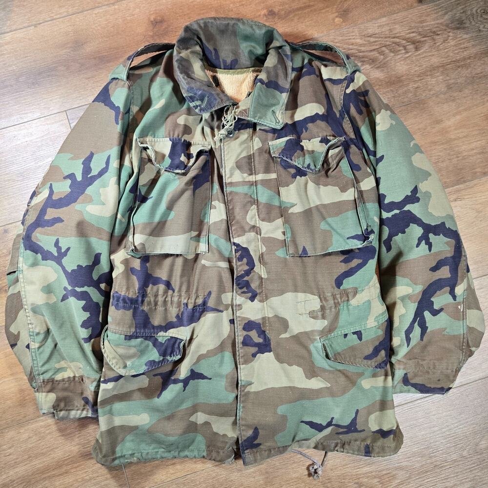 Vintage 80s M65 Field Jacket Small Regular Woodland Camo Cold Weather Army Lined